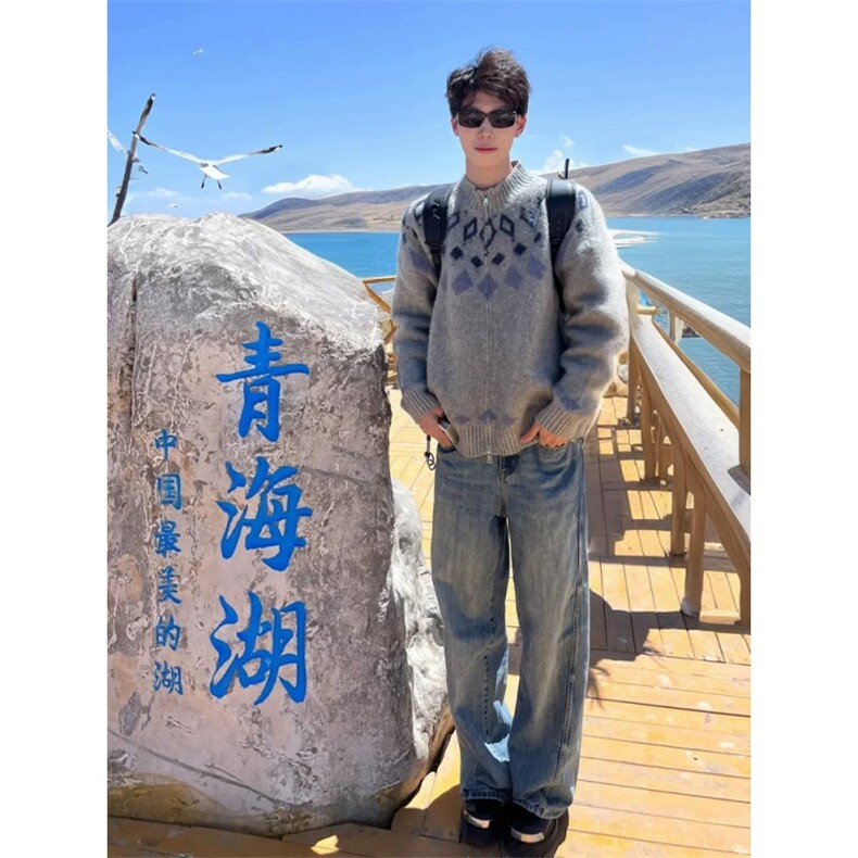 美式复古vintage费尔岛毛衣开衫男款春秋高级感菱格提花针织外套,男装针织衫/毛衣,电商D256