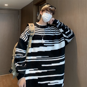 秋冬季黑白宽松毛衣条纹慵懒风绒衫圆领套头针织衫 M827-P35图片