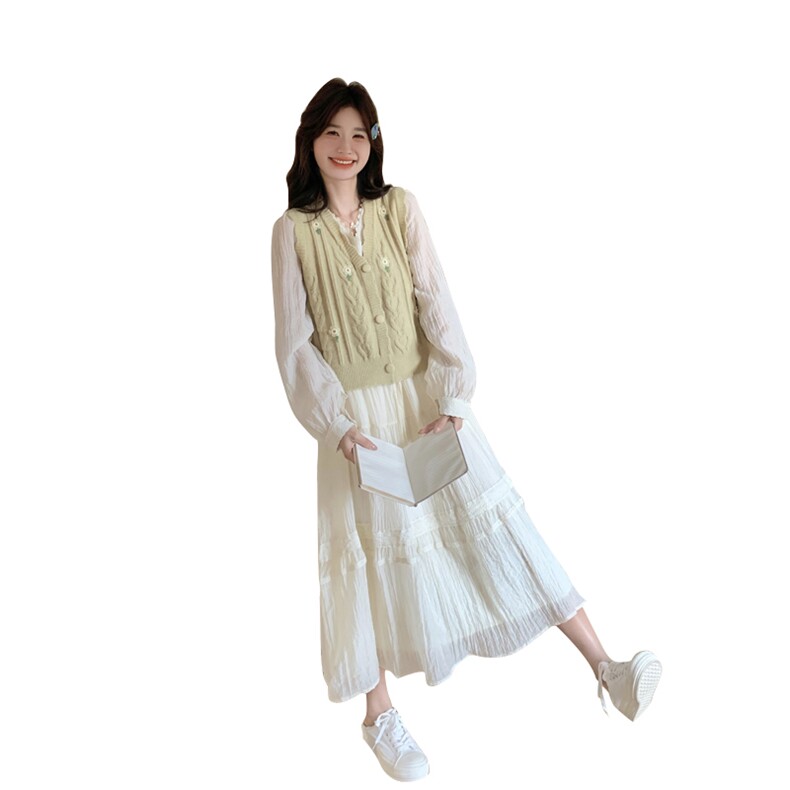 【现货】毛衣马甲蕾丝裙套装#2502-P150-K228,女装套装/套裙,2C111