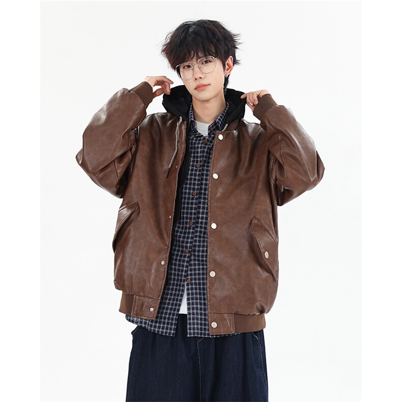 复古休闲宽松假两件连帽情侣皮衣夹克外套XZ402-2P95控128JK729,男装皮衣,星座402-2
