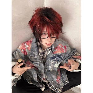 蕾丝火焰垫肩牛仔外套男女痞帅棒球服水洗复古工装夹克 J35图片