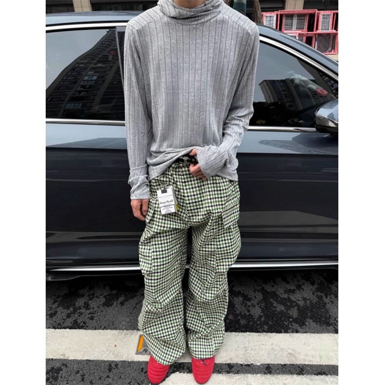 绿色格纹高级街头复古口袋长裤工装休闲裤男女款Q9033图片