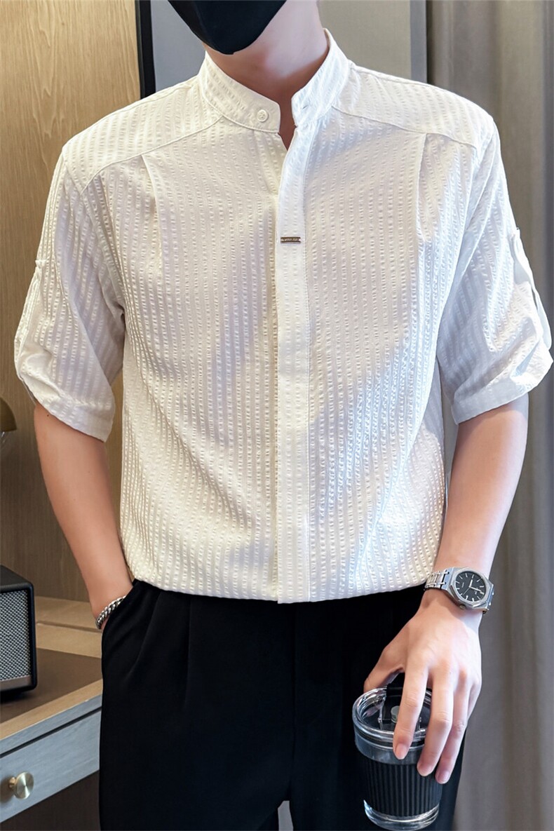 夏男立领条纹衬衫男休闲修身休闲衬衣小伙A236-82550-P60,男装衬衫,电商A236