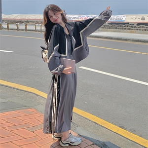 设计感撞色盐系外套套装女2025春秋季新款显瘦抽绳半身长裙两件套图片