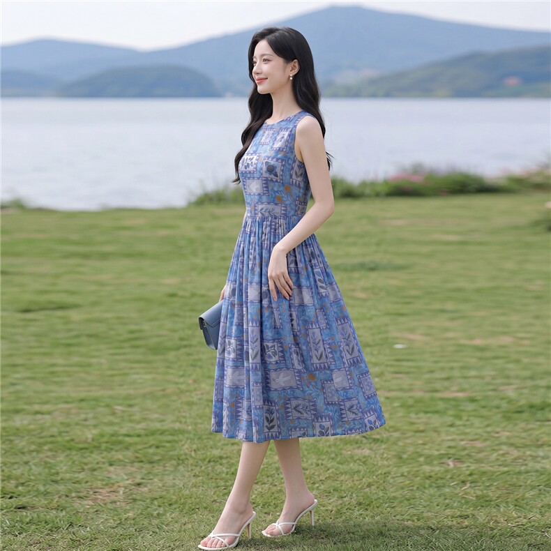 蓝色印花无袖宽松版时尚学院风连衣裙,女装连衣裙,水衣源