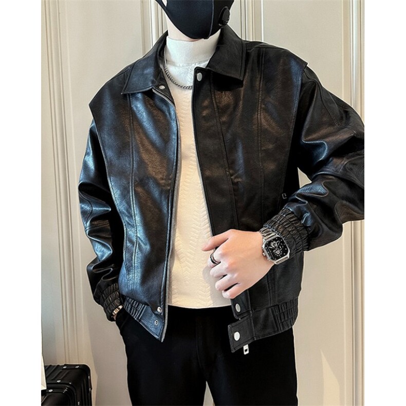 皮衣男潮牌翻领2025年时尚帅气机车皮夹克纯色修身外套PU9127，男装夹克，星座1116A（原606A-3）
