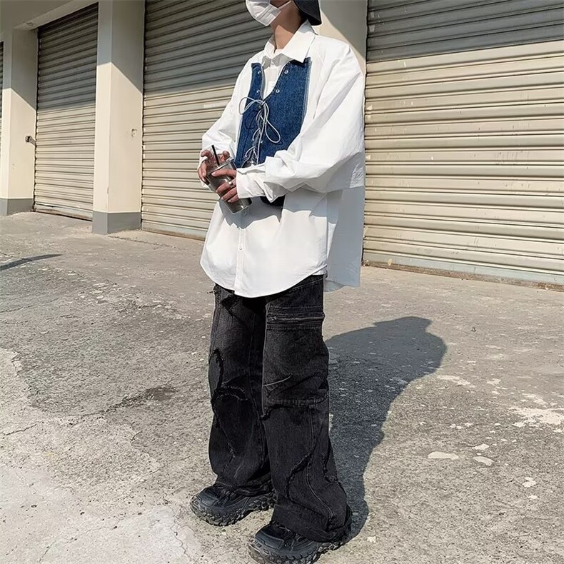 男春秋情侣宽松休闲衬衣牛仔拼接衬衫TS33P45,男装衬衫,星座1116-2