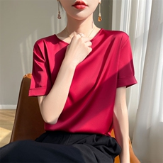 夏季真丝短袖t恤女圆领宽松体恤显瘦内搭西装醋酸缎半袖大码上衣，女装衬衫，羊特美羊绒