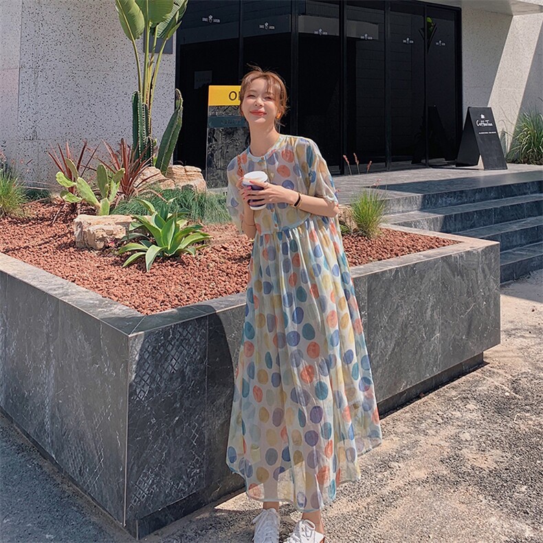 雪纺波点连衣裙女夏小众设计娃娃裙2025新款大码宽松森系仙女长裙,女装连衣裙,2C037