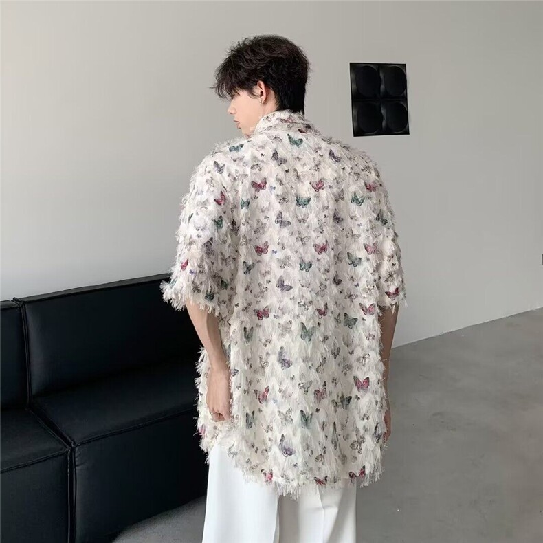 花蝴蝶冰丝短袖衬衫男款夏季2026新款流苏设计感潮流情侣上衣外套,男装衬衫,星座410-7