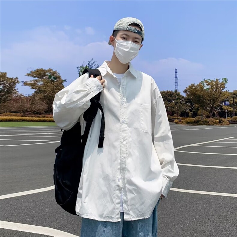 日系小清新防晒长袖衬衫男潮流纯色宽松百搭外穿休闲翻领衬衣C410,男装衬衫,星座506