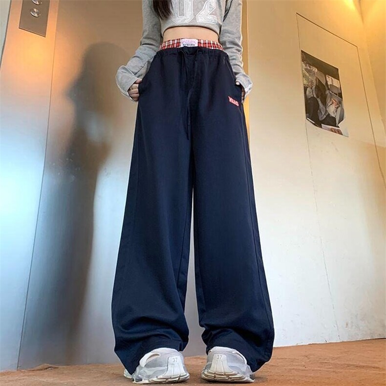 复古格子拼接假两件休闲裤女春秋季双腰头运动阔腿裤KA204,男装休闲裤,星座1116A（原606A-3）