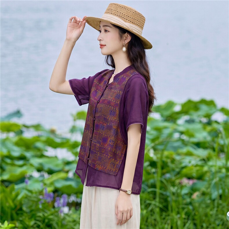 现货2026年夏季新款中老年式假两件复古短袖小衬衫马甲上衣T恤女,女装衬衫,璐依舞