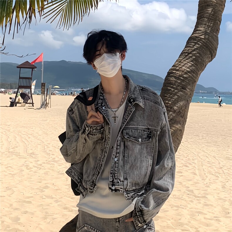 春秋款做旧水洗夹克男2025新款痞帅牛仔外套美式潮牌百搭翻领上衣，男装工装外套，星座1210-1