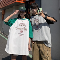 情侣装夏装拼接插肩袖情侣印花短袖T恤衫宽松上衣男G1053P35，男装T恤，电商A339