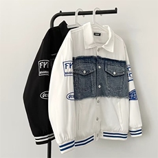 设计感拼接牛仔夹克外套男宽松港风oversize棒球服ins女J8518-P65，男装夹克，星座1008-2