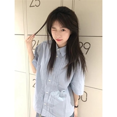 日系复古蓝色短袖衬衫女夏季宽松休闲褶皱半袖衬衣HTX213，男装T恤，星座208-5