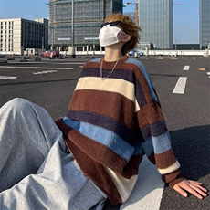 冬季新款撞色条纹水貂绒加厚毛衣男潮牌外穿圆领长袖卫衣，男装针织衫/毛衣，星座410-7