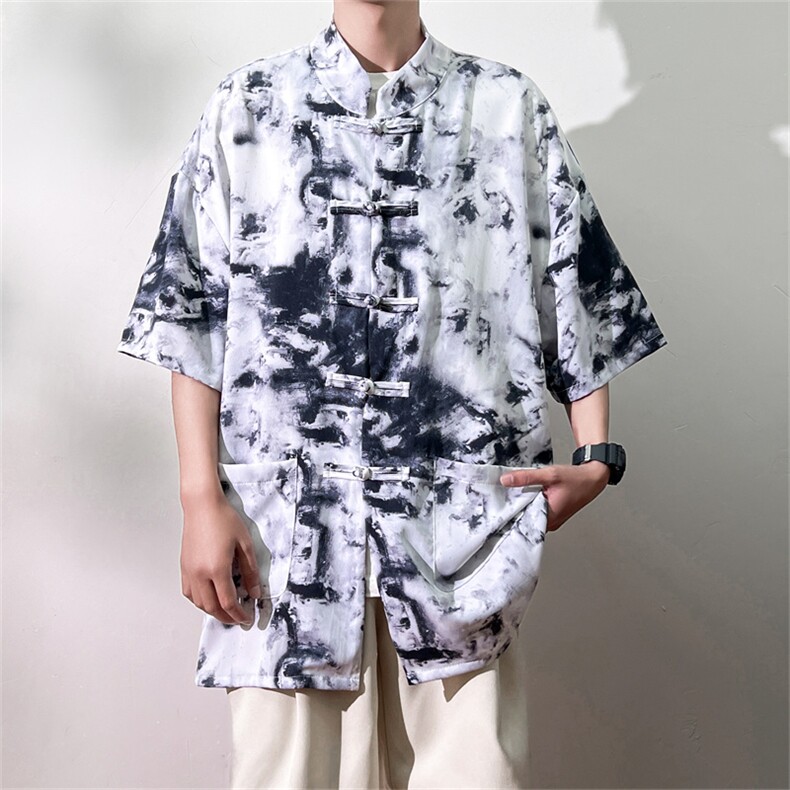 夏季新中式冰丝短袖衬衫男休闲花衬衣 C601P40图片