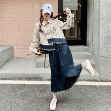 春现复古条纹牛仔拼接套装B190-5016-P170-K238，女装套装/套裙，2B190