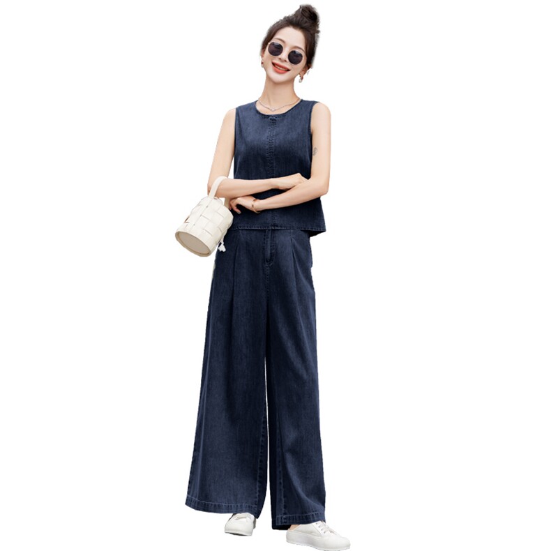 时尚蕾丝花边牛仔套装女2025春季新款超火穿搭短外套阔腿裤两件套,女装套装/套裙,悠米