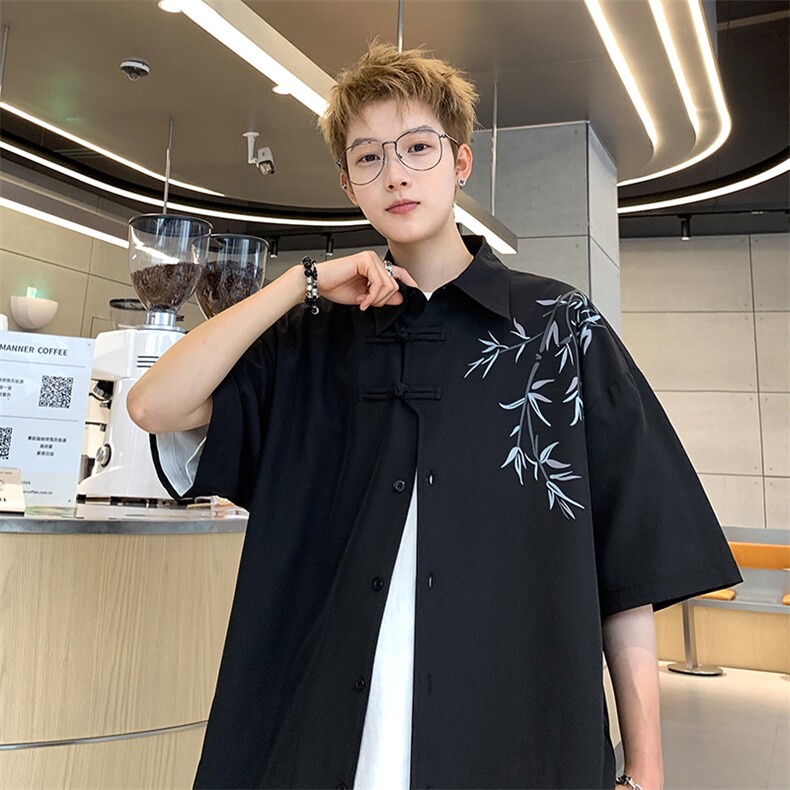 新中式冰丝港风休闲衬衫印花短袖XZ-907特P28无差价,男装衬衫,星座907