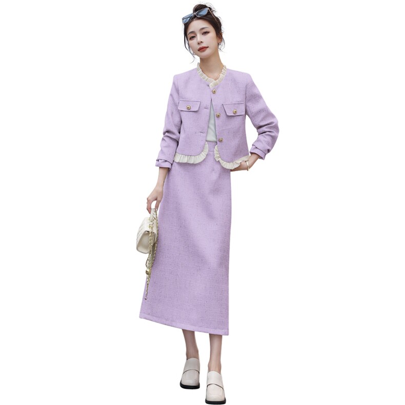 2023年春装新款小香风法式假两两件复古木耳边小外套+半身裙套装,女装套装/套裙,瑶迪依秀