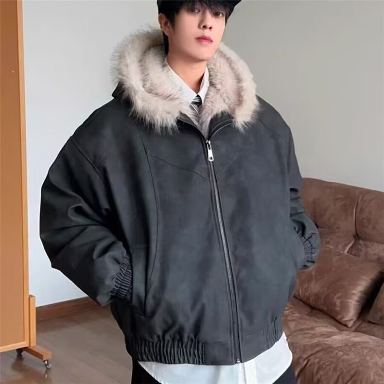 加绒加厚冬款男女连帽棉衣扎染PU皮棉袄毛领保暖皮棉服MY94 P110图片