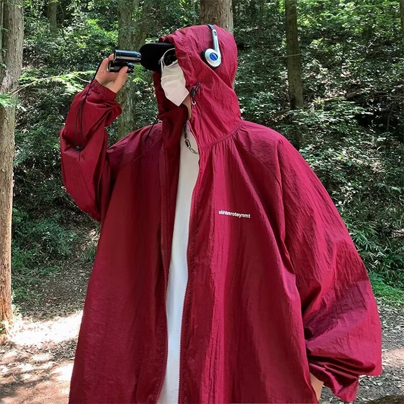 酒红色防晒衣男夏季美式连帽冲锋衣潮牌情侣装轻薄外套W4942-P38，男装防晒衣，星座412-2