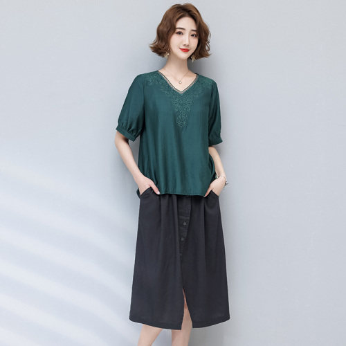 2024夏季新款女装套装两件套时尚V领短袖上衣搭配高腰半身裙显瘦遮肉优雅气质，女装套装/套裙，丽影随形