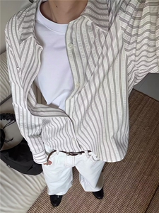 条纹长袖衬衫男秋季宽松慵懒风设计感小众风独特上衣CS91