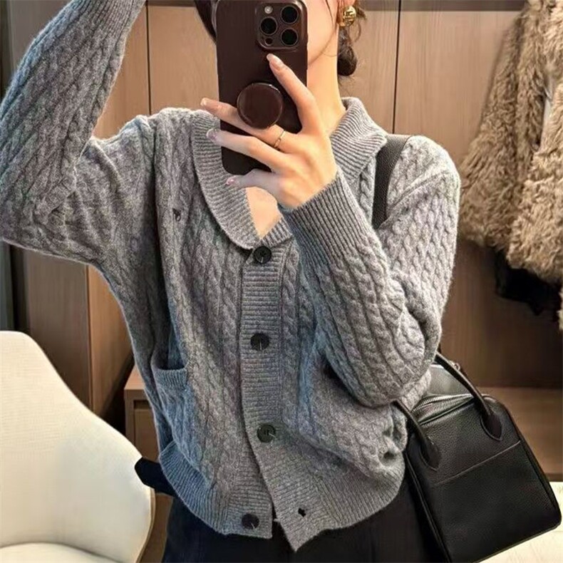 针织开衫女秋冬坑条加厚外套小个子羊毛衫,针织衫/毛衣,萱芳婷羊绒