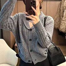 针织开衫女秋冬坑条加厚外套小个子羊毛衫，女装针织衫/毛衣，萱芳婷羊绒