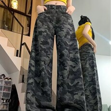 266-P35大码美式复古高街迷彩牛仔裤女2025新款高腰宽松，男装牛仔裤，电商B323A