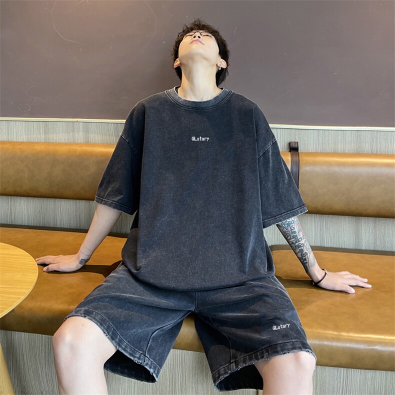 wassuphappy水洗做旧短袖t恤男夏季潮流休闲运动套装帅气两件套,男装休闲套装,电商B371