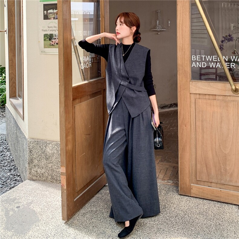 老钱风马甲+黑色打底上衣+阔腿裤三件套2C375-572-P185-K278,女装套装/套裙,2C375