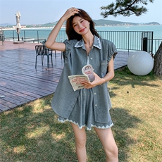 格纹蕾丝拼接领衬衫套装女2025夏季新款韩版显瘦短裤小个子两件套，女装套装/套裙，维壹