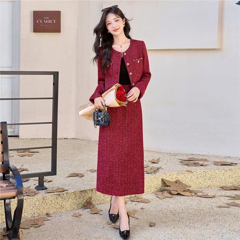 红色毛呢小香风套装裙女2025春秋新款高级感气质超火半身裙两件套,女装套装/套裙,雅静靓衣