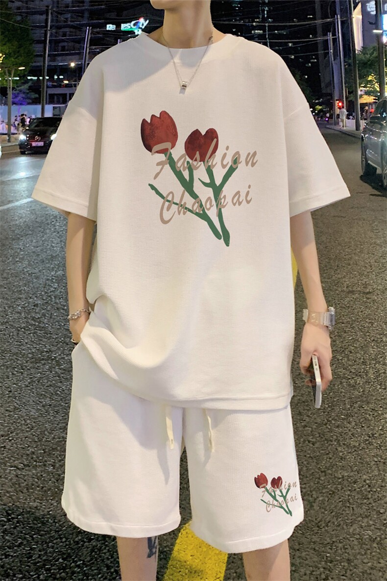 ！2024夏季新款潮流男士华夫格短袖套装学生一套HTZ18P50,男装T恤,电商B220