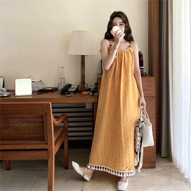 黄色海边度假风流苏吊带连衣裙女2025夏新款高级感宽松气质沙滩裙,女装连衣裙,2C201