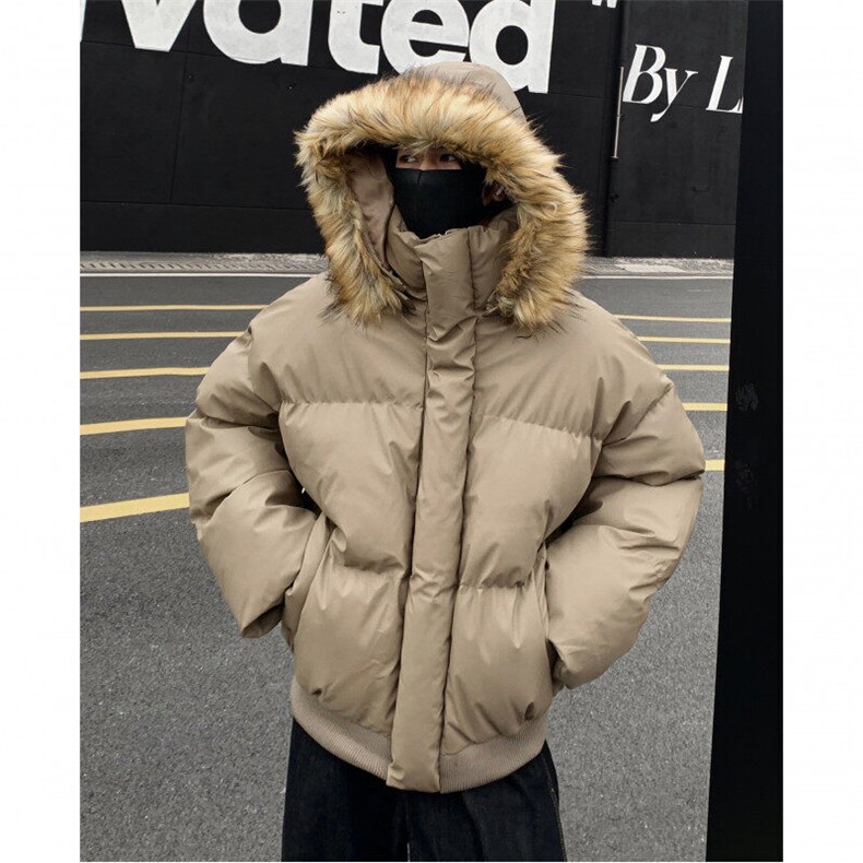 美式pu皮棉服男连帽棉衣毛领可拆卸冬季潮牌短款棉袄保暖外套p115,男装棉衣,电商C307