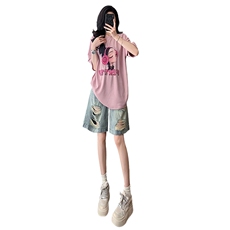 少女风穿搭时尚套装女夏宽松显瘦圆领印花上衣破洞牛仔短裤两件套，女装套装/套裙，2C310
