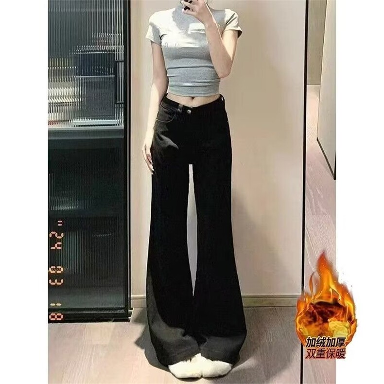 W10882-P38 特批 网图现货 美式复古高街黑色微喇加绒加厚牛仔裤图片