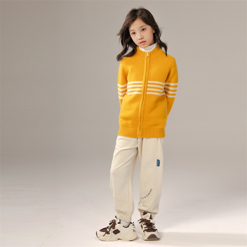 保暖儿童羊毛开衫男女童秋冬必备舒适百搭黄色条纹品质羊毛材质，童装儿童羊毛衫，暖钟情羊绒