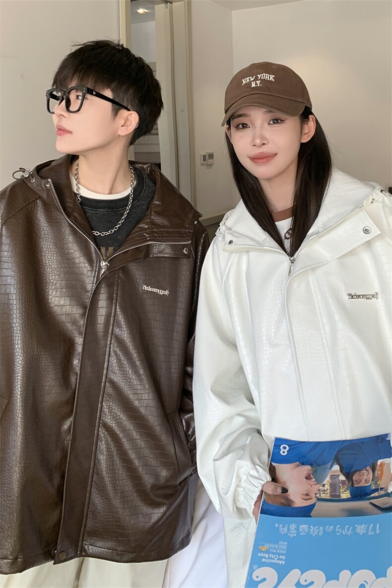 港风连帽大码情侣夹克男鳄鱼纹皮衣冲锋衣夹克男JK8744P90控128,男装夹克,星座226-1