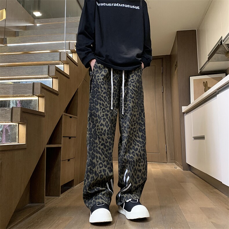美式复古豹纹休闲裤男显高显瘦松紧腰围抽绳裤头百搭高街休闲裤潮,男装休闲裤,星座410-7