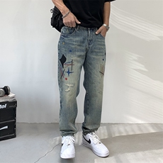 B230档2025秋冬新款重工刺绣破洞补丁宽松直筒牛仔裤男9910P100，男装牛仔裤，电商B230