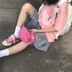 2025年夏季新款设计感小众中裤刺绣牛仔短裤女宽松显瘦百搭五分裤