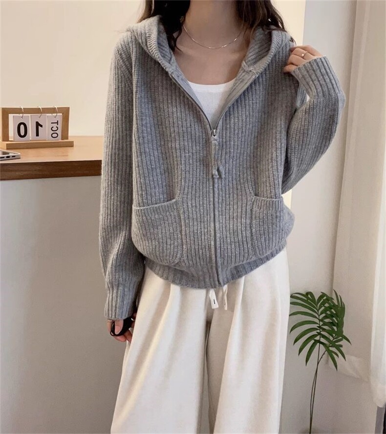 羊绒连帽针织衫女外穿秋冬拉链毛衣外套加厚宽松100羊毛针织开衫图片