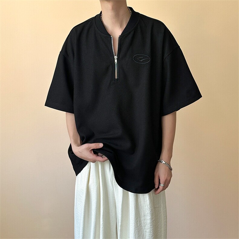 现货-夏季新品半拉链华夫格短袖男潮牌百搭宽松T恤-AT23008-P55,男装T恤,电商A351